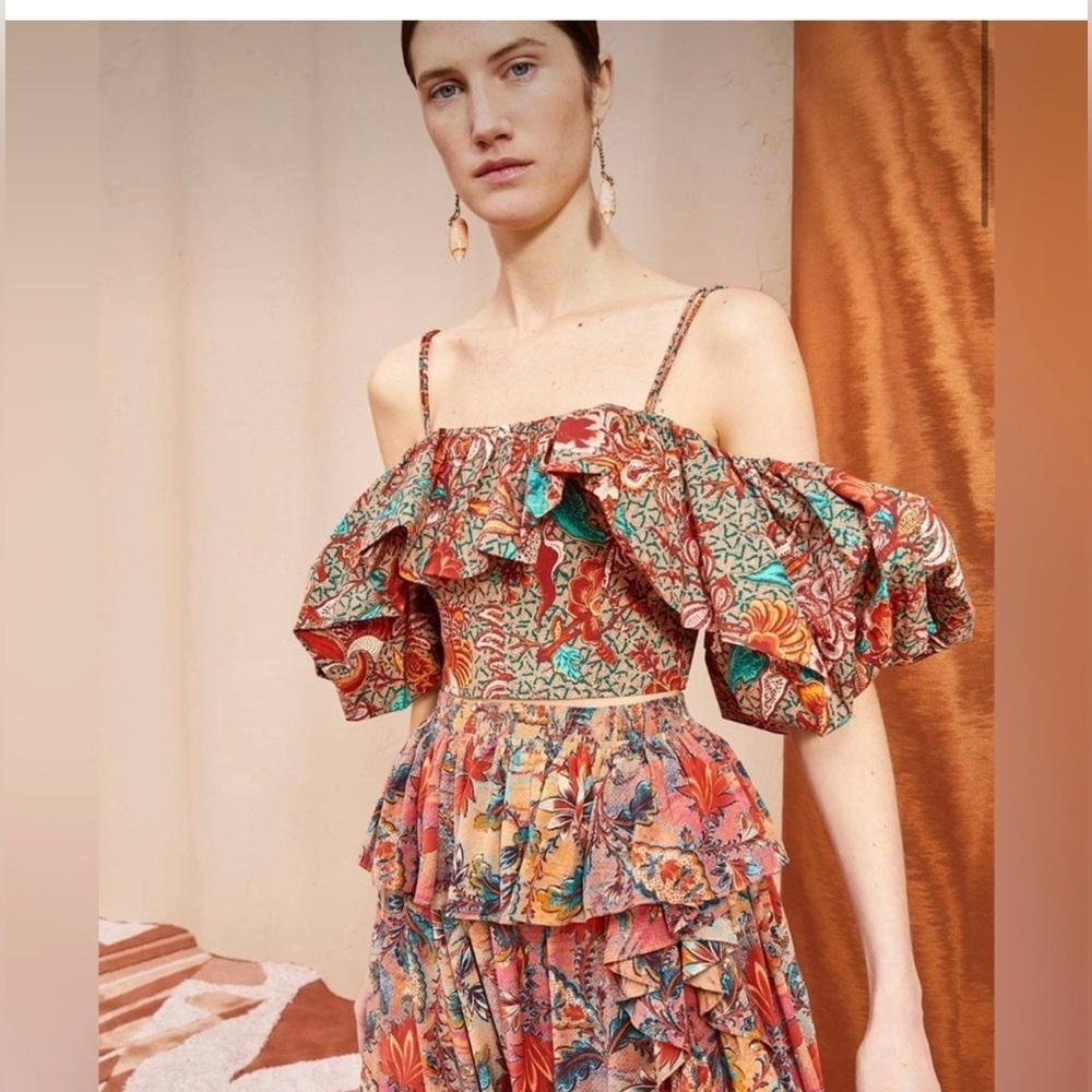 Ulla Johnson  Carla Cold Shoulder Cropped Floral Print Cotton Poplin Top Size 2